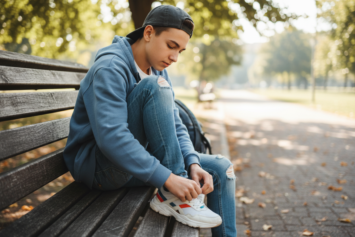 a 13 year old boy tying their shoe 