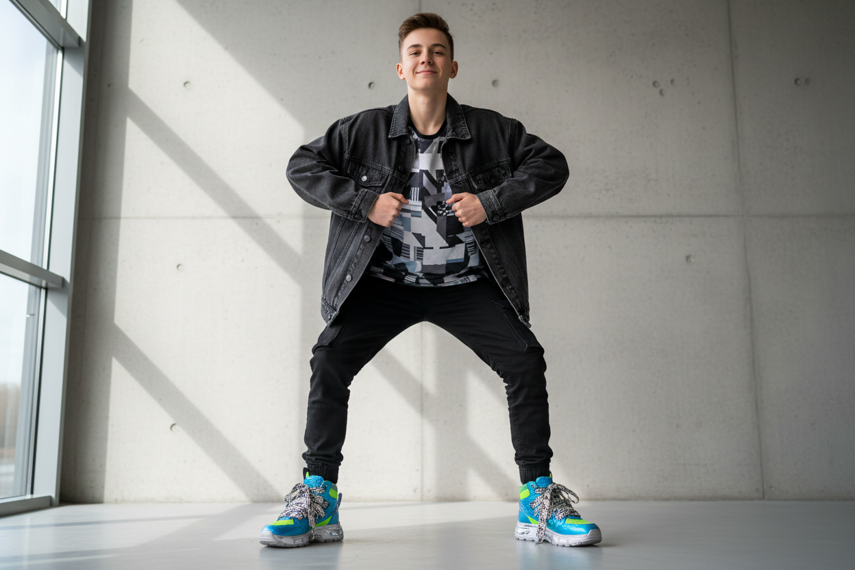 teen standing proud with shoes shown